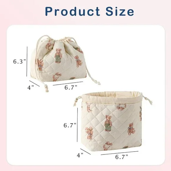 Cotton Quilted Drawstring Makeup Bag with Canvas Lining,Coquette Aesthetic Cute - Picture 3 of 6